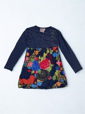 Vtg Y2K Desigual Navy Henley Babydoll Top Floral Bubble Hem Skirt